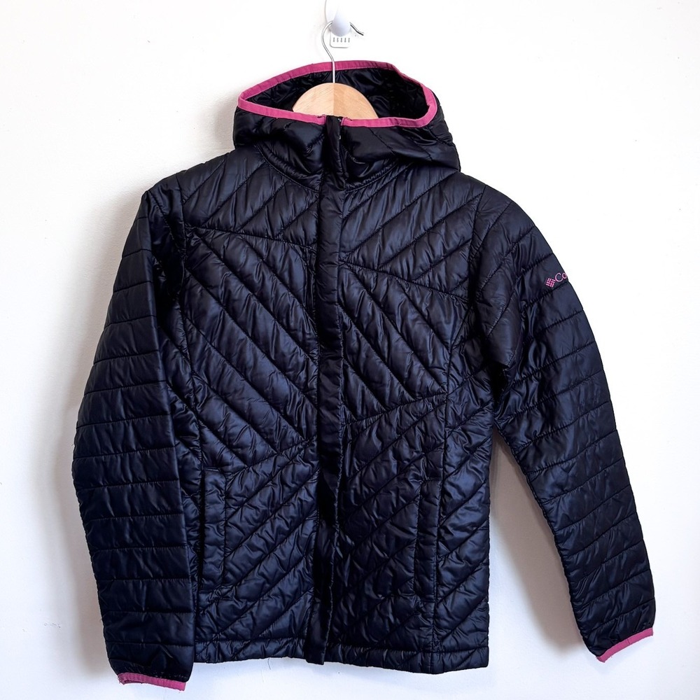 Columbia Girls Quilted Puffer Jacket L 14/16 Black Pink Hooded Lightweight